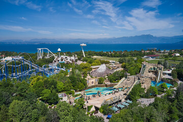 Panorama of Lake Garda, Italy. Aerial view of an amusement park, Lake Garda Italy. Amusement park,...