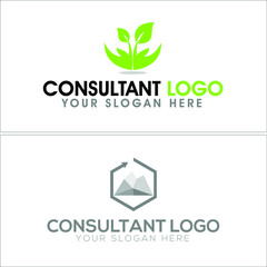 The consultant logo template with various combination icon such as hand palm and leaf, arrow line hexagon with stone mountain vector design. For business consultant sales leadership plant nature care