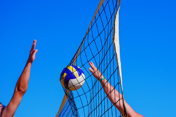 Beach outdoor volleyball game moment