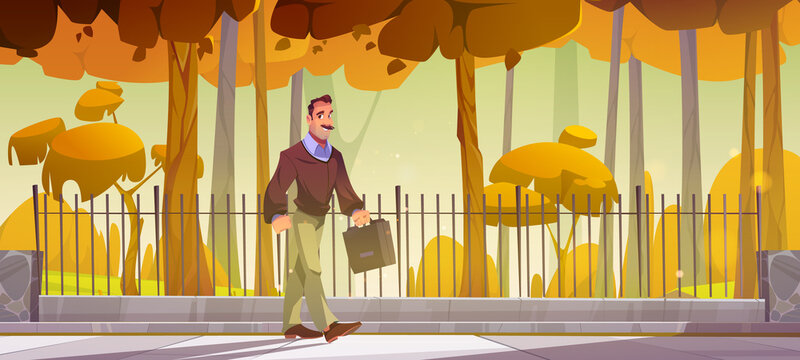 Man With Briefcase Walk In Autumn Park. Vector Cartoon Illustration Of Autumn Landscape Of Forest Or Garden With Fence, Sidewalk And Technician Worker With Tool Box Goes To Job