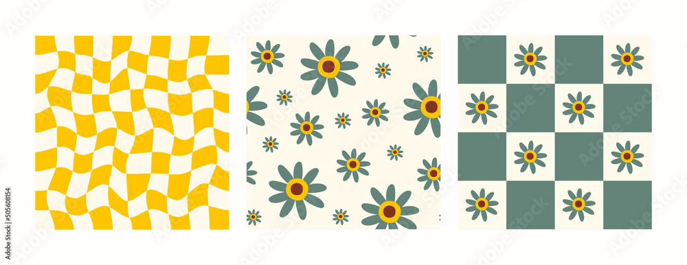 Aufkleber Retro set groovy seamless patterns with daisy flowers and distorted checkerboard. Trendy vector illustration in style hippie 60s, 70s. Yellow and green colors