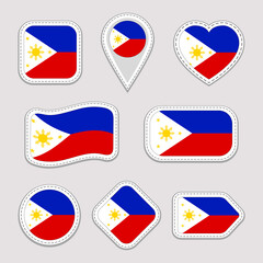 Philippines flag vector stickers collection. Isolated geometric icons. Country national symbols badges. Web, sport page, patriotic, travel design elements. Different shapes.