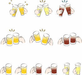夏　ビール　生ビール　お酒　ジョッキ　グラス　漫画タッチ　アニメ　手描き　アナログ　イラストセット