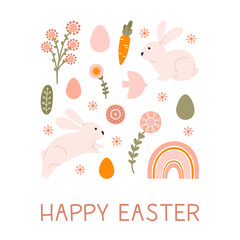 Postcard templates with silhouette holiday Easter egg bunny and flowers in pastel colors. Illustration folklore cute eggs and hare in flat style and space for your text. Vector.