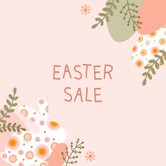 Sale templates with silhouette Easter egg bunny and flowers in pastel colors. Illustration folklore holiday eggs and hare in flat style and space for your text. Vector.