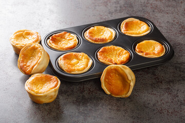 Queijadas or Queijadinhas, little Portuguese cheesecakes made with Queijo Fresco close-up in a baking dish on the table. Horizontal