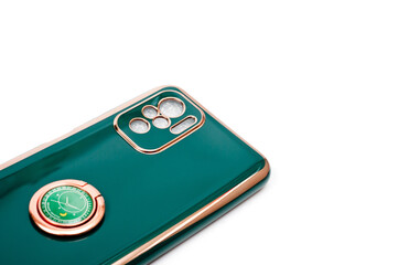 Green silicone case with gold border for smartphone.