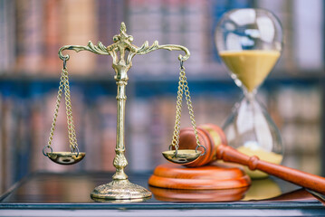 Legal office of lawyers, justice and law concept : Retro balance scale of justice on a desk in a...