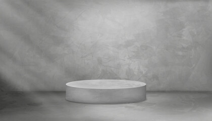 Backdrop studio room Grey Cement texture wall background with cylinder podium,Vector 3D illustration Gray floor Concrete surface with light and shadow.Banner template interior loft style concept © Anchalee