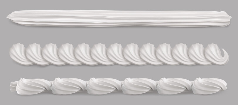 Whipped cream border 3d realistic vector. Whip swirl, white vanilla milk foam for cake edge, sweet creamy twirl for pastry decoration isolated illustrations