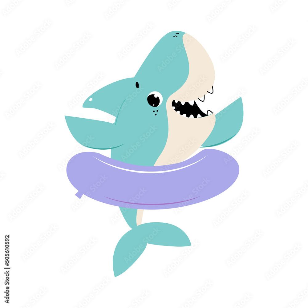 Poster comic blue shark as marine animal floating with rubber ring in the ocean vector illustration