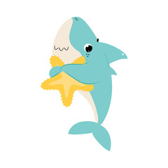 Naklejka premium Comic Blue Shark as Marine Animal Embracing Yellow Starfish Vector Illustration