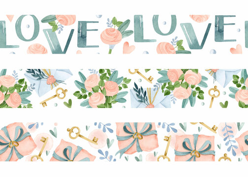 Wedding watercolor seamless borders set with lettering and flowers