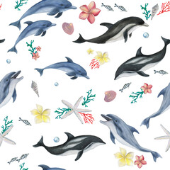 Watercolor painting seamless pattern with dolphins and seastars, coralls, plumeria flowers - 505611784