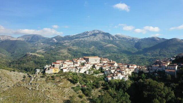 The town of Aieta on the green mountain in Europe, Italy, Calabria in the summer on a sunny day.