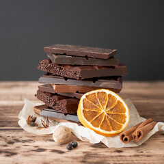 Various chocolate bar pieces with spices. Concept of sweet food, square format