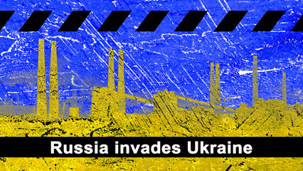 Cover. Ilustracion Mariupol, Azovstal. Background Ukrainian flag. Russia invades Ukraine.