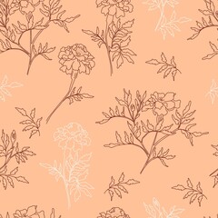 Floral seamless pattern. Beautiful blooming marigolds with leaves and buds on light orange background. Vector illustration. Linear hand drawing, sketch for design, packaging, wallpaper and print