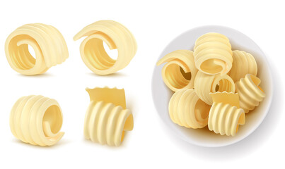 Butter curl 3d realistic vector illustration. Swirls of margarine or vegan vegetable spread in porcelain bowl top view, rolled creamy dairy product, set icon isolated on white background - obrazy, fototapety, plakaty