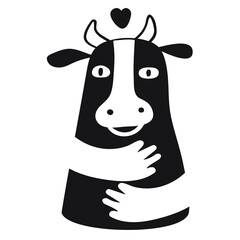 Hands embrace cow. Animal care concept. Vector icon illustration on white background.