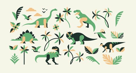 Collections dinosaurs, trees, leaves isolated on background. Colorful vector illustration jurassic in flat style.