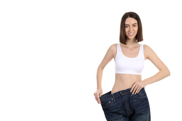 Concept of weight loss with thin girl, isolated on white background