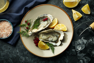 Concept of delicious seafood, oysters, top view