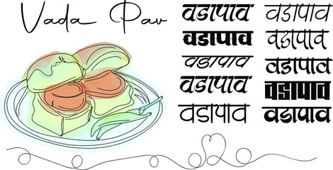 Vada Pav Logo, Vada Pav vector silhouette, Outline sketch drawing of indian street food Vada Pav and logo in hindi calligraphy font, Translation - Vada Pav