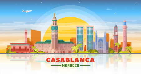 Casablanca, ( Morocco) city skyline vector illustration sky background. Business travel and tourism concept with modern buildings. Image for presentation, banner, web site. - obrazy, fototapety, plakaty