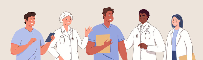 General half-length portrait of medical team &mdash; doctor, surgeon, nurse, paramedic &mdash; for advertising, informational poster, flyer. Flat vector illustration.