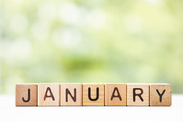 The word January on wooden cubes. They lie on other cubes against the backdrop of the summer garden. Month of year