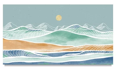  Mid century modern mountain art print. Abstract contemporary aesthetic backgrounds landscapes. illustration of mountain, sea, sky and sun © gina
