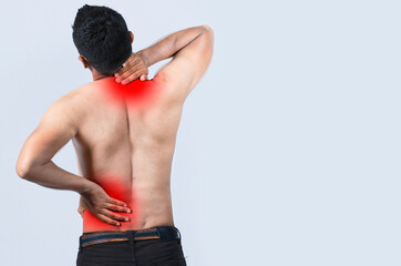 Neck and back pain concept, People with neck and back muscle pain, Close up of man with neck and back pain, a man with muscle pain on isolated background