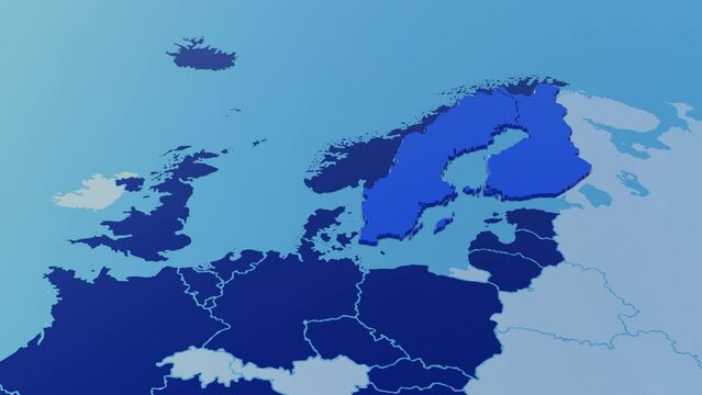 Finland and Sweden join nato. European map showing two nordic countries to join nato. 4K 3D render animation.