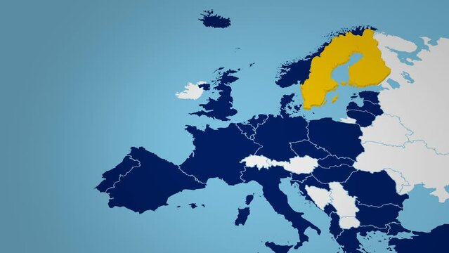 Finland and Sweden joining nato. European map showing two nordic country in yellow color to join in nato. 4K 3D render animation.