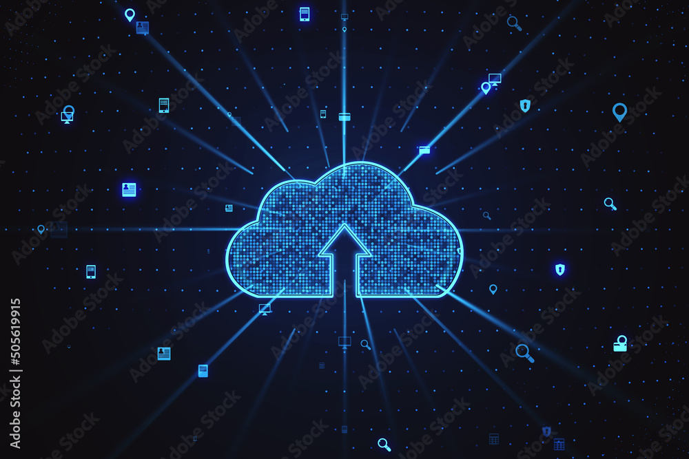 Poster Internet storage and cloud computing technology concept with bright digital arrow in cloud symbol on dark wallpaper. 3D rendering
