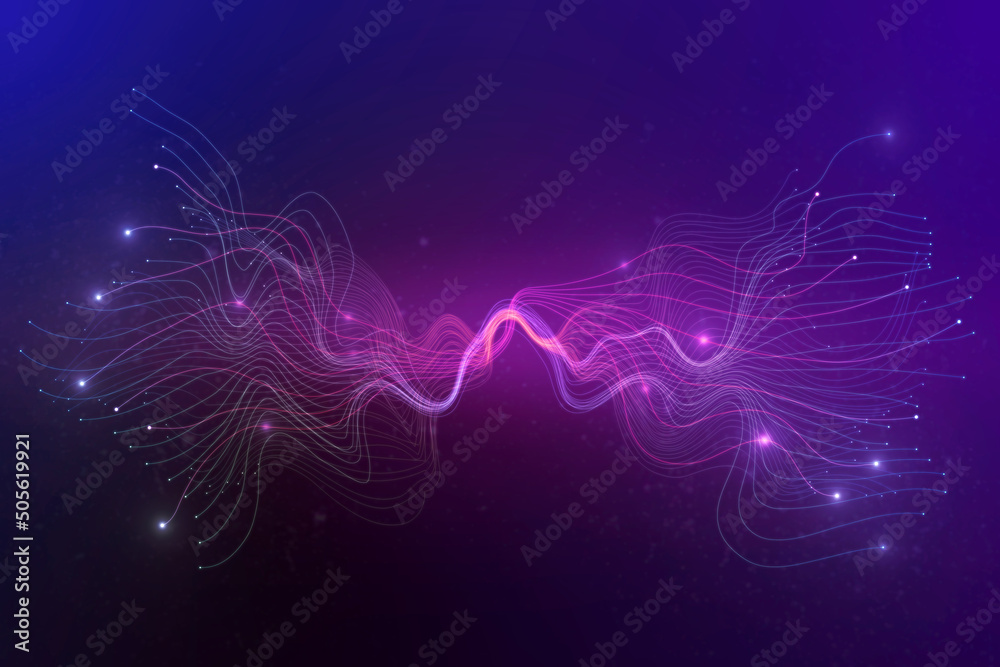 Poster Abstract technology background with data visualization concept using neon purple and pink waves. 3D rendering