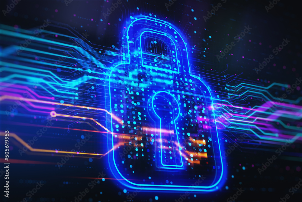 Poster Personal data and cyberspace security concept with bright glowing digital lock sign on abstract dark technology background. 3D rendering