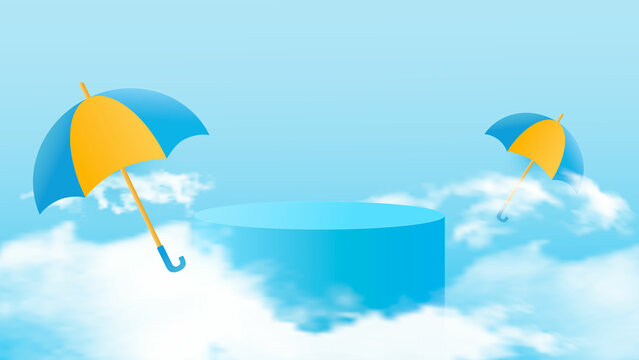 Cylindrical podium for displaying products during the rainy season. Design with realistic clouds and colorful umbrellas. Vector
