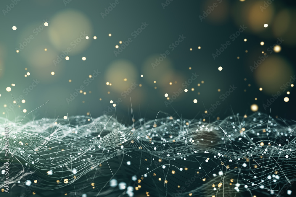 Poster Abstract technology background with data visualization consisting of metallic waving lines and drops. 3D rendering