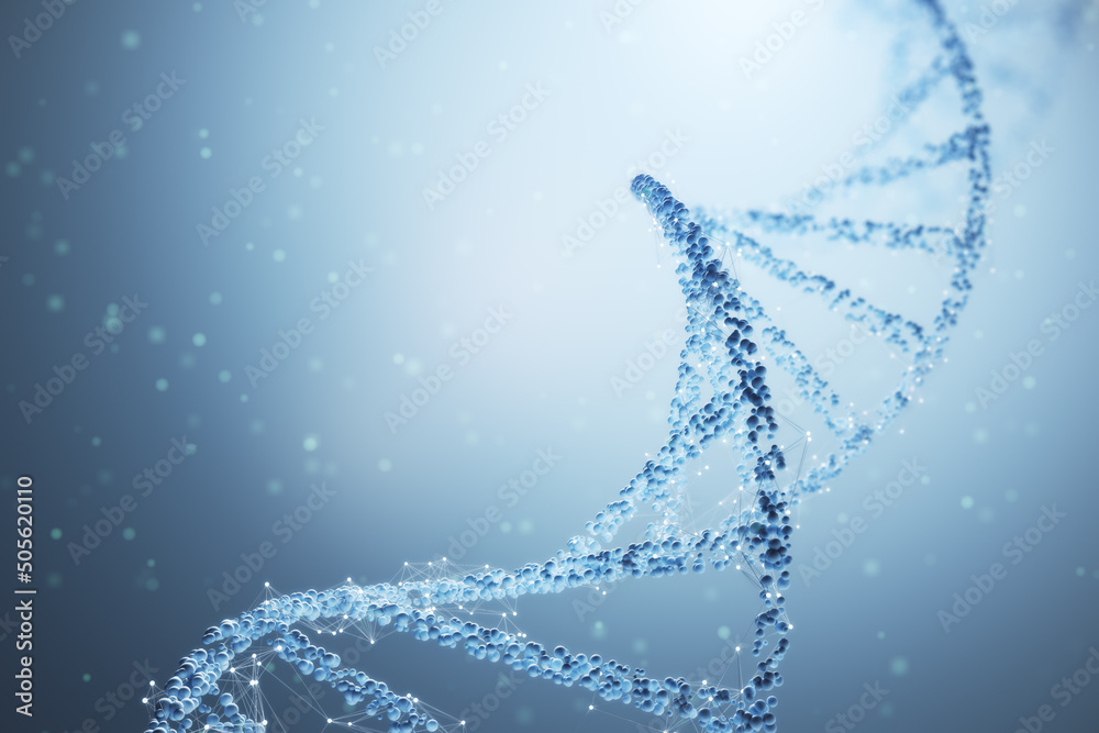 Aufkleber Bioengineering concept with spiral molecule DNA structure on abstract light blue background. 3D rendering