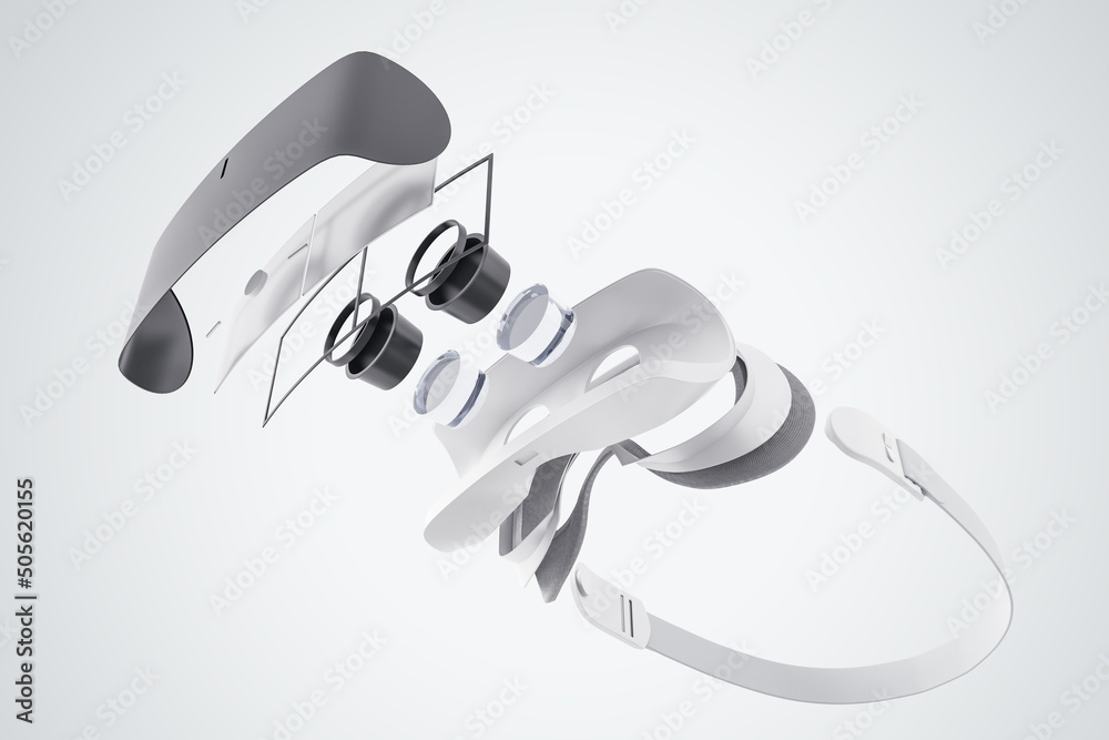 Poster Virtual reality concept with bottom view on VR headset components on white background. 3D rendering