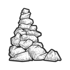 Cairn pile stack of stones sketch engraving vector illustration. T-shirt apparel print design. Scratch board imitation. Black and white hand drawn image.