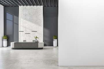 Blank white wall at the entrance of modern business center hall area with reception table, decorated wall, marble floor and stylish flower pots. 3D rendering, mockup