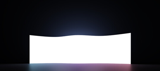 Bright abstract empty glowing white screen in dark interior. Gallery, exhibition and art concept. Mock up, 3D Rendering.