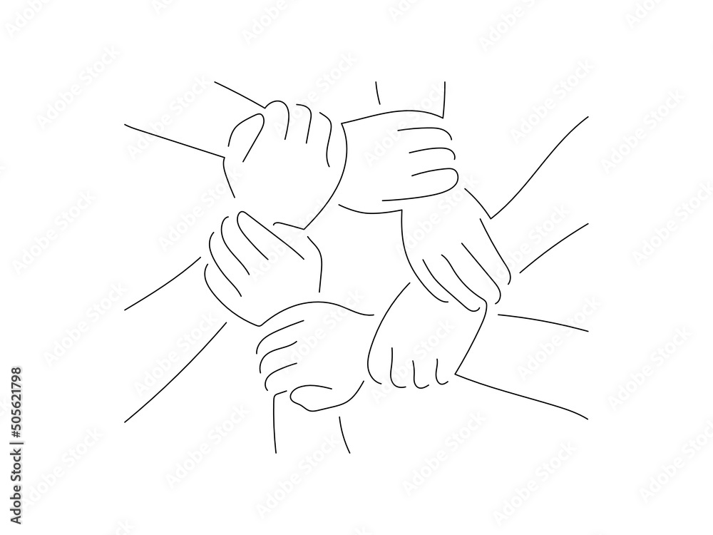 Wall mural ecology and community of volunteers concept in line art drawing style. composition of united hands o