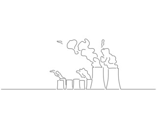 Global warming and climate change concept in line art drawing style. Composition of polluting emissions from a factory. Black linear sketch isolated on white background. Vector illustration design.
