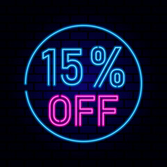 15 percent SALE glowing neon lamp sign. Vector illustration.