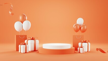 3d rendering of promotion sale with orange podium gifts, shopping bag and balloon on minimal orange background.