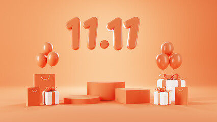 Orange 11.11 Shopping sale day Poster or banner with gift box and shopping bag.11 November sales banner template design for social media and website. 3d rendering